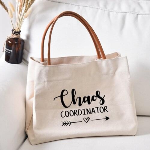 Funny Teacher Book Tote Chaos Coordinator Printed Canvas Teaching Bag Gift for TeacherWomen Lady Casual Beach Bag Handbag
