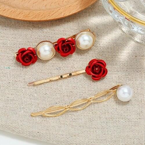 OIONINOS Pearl Hair Clip Headwear Sweet Pearl Rose Side Clip Three Piece Sweet Hair Hairband Barrette Headdress Accessories