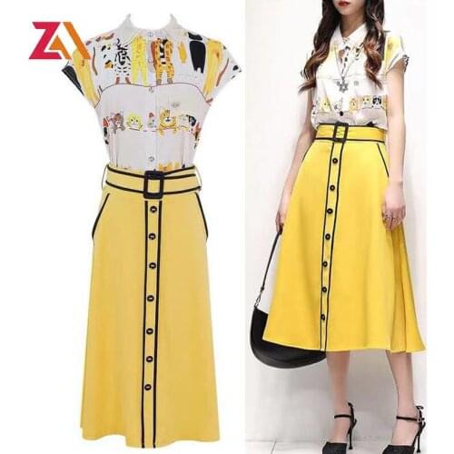 ZALady summer office work OL vintage printed tops blouses and midi skirts elegant basic two piece set suit outfits women clothes