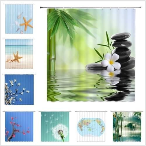 Hot Sale Ocean Scenery Flower Plant Map Shower Curtains Beach Tree Bamboo Bathroom Decor Polyester Cloth Curtain Set With Hooks