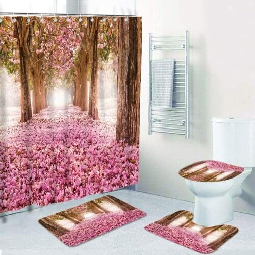 Landscape Floral Tree Waterfall Polyester Shower Curtain Print Bathroom Carpet And Rugs Waterproof Shower Curtain Bath Mat Set