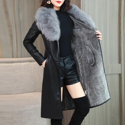 Womens Leather Jacket for Winter 2019 New Plus Velvet Warm Slim Big Fur Collar Long Leather Coat Female high quality Outerwear