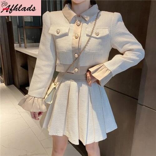 Autumn And Winter New Slim Ladies Pearl Single-Breasted Jacket + Stitching Bodycon Pleated Skirt Two-Piece Outfits Women