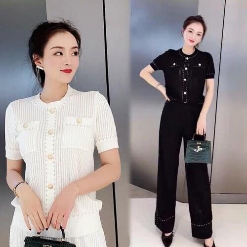 Ladies New Summer Ice Silk Knit Suit Hollow Pendant Wide Leg Pants Fashion Temperament Pants Suit Two-piece Woman