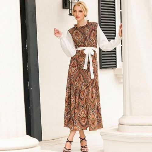 Dubai Middle East White Sleeve Printed Cardigan Dress Summer Bud Collar Impermeable New Ladies Long Dress Jalabiya Dress Dubai