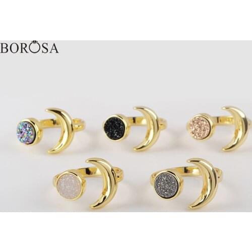 BOROSA New Gold Crescent Moon Adjustable Ring for Women Natural Agates Druzy Open Rings Fashion Wedding Rings 5/10Pcs ZG0438