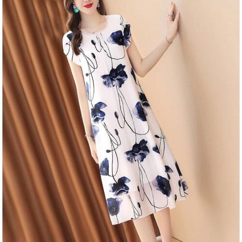 2021 New Fashion Elegant Womens Chiffon Print Dress Female Casual Style Summer O-Neck Artificial Silk Dresses
