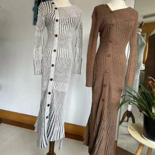 Hiqh Quality Maxi Dress Women Solid Sheath Slim Knitted Dresses for Women Party Chic Button Soft Asymmetrical Vestidos Clothes