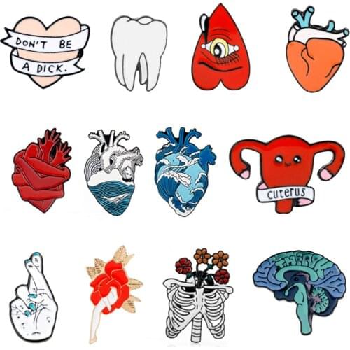 Hot human organs pins eye tooth brain heart uterus leg thigh hand finger skull skeleton enamel badge pin brooches for women men