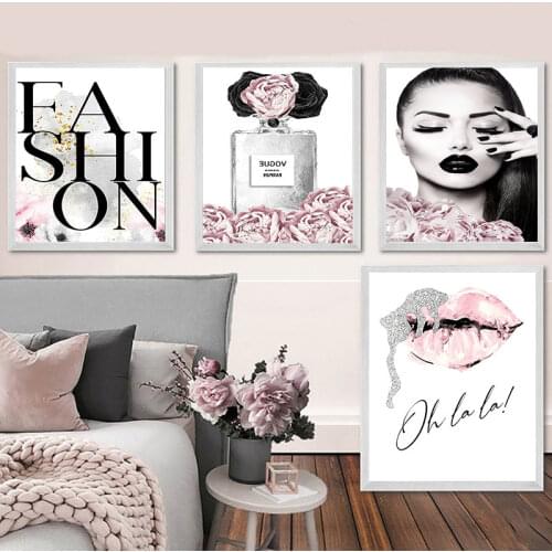 Art Painting Wall Picture Modern Girl Room Home Decor Pink Flower Perfume Fashion Lady Poster Sliver Lips Makeup Print Canvas