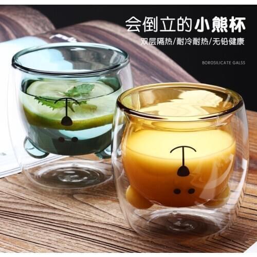 Cartoon Creative Cute Bear Coffee Mug Double Glass Cup Carton INS Animal Milk Juice Valentines Day Anniversary Gift