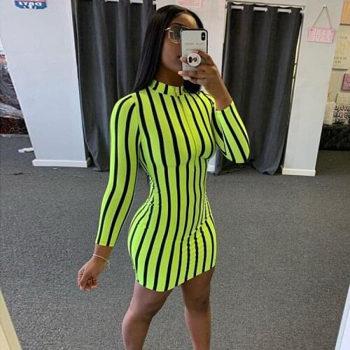 2021 Autumn Winter Striped Dress Women Sexy Club Zipper Skinny Female Dresses Casual Long Sleeve Mini Dress Bodycon Vestido Robe
