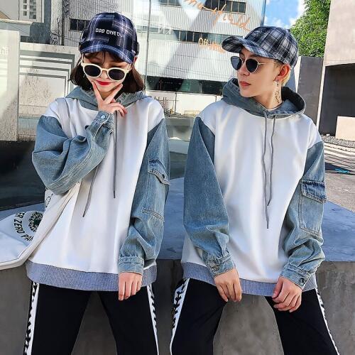 Autumn Cancel Harakuju Hoodies Women Denim Sleeve Couple Sweatshirt Hooded Plus Size Hoodie