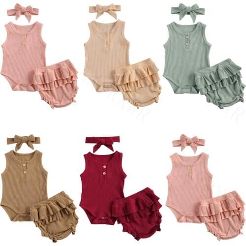 0-24M Infant Clothing Toddler Kids Baby Boys Girls Clothes Ribbed Knitted Sleeveless Romper+Ruffles Shorts+Headband Outfits