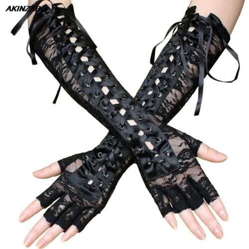 Sexy Ladies Lace Tie Long Gloves Winter Ribbon Rivet Elbow Length Half-finger Fingerless Fishnet Mesh Etiquette Party Gloves