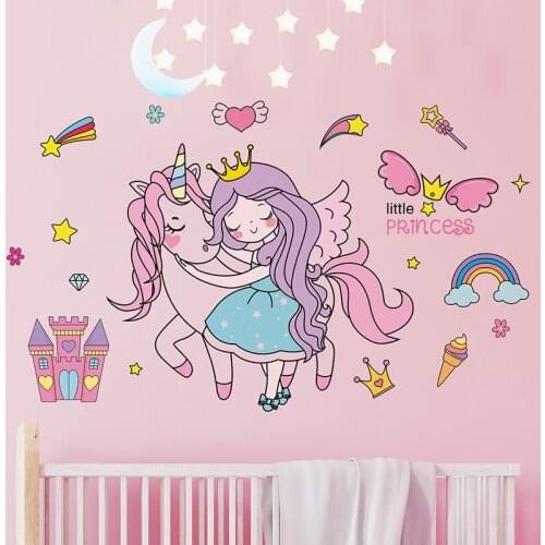 [shijuekongjian] Cartoon Girl Wall Stickers DIY Unicorn Animal Wall Decals for House Kids Bedroom Baby Room Nursery Decoration