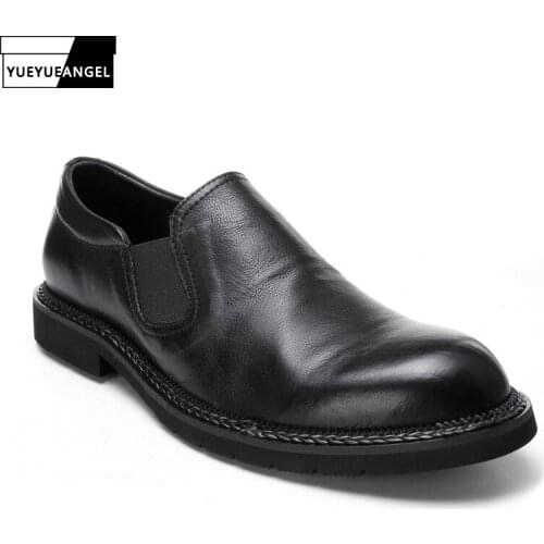 Breathable Comfortable Men Cowhide Dress Shoes Slip-On Round Toe Genuine Leather Solid Black Business Wedding Spring Autumn
