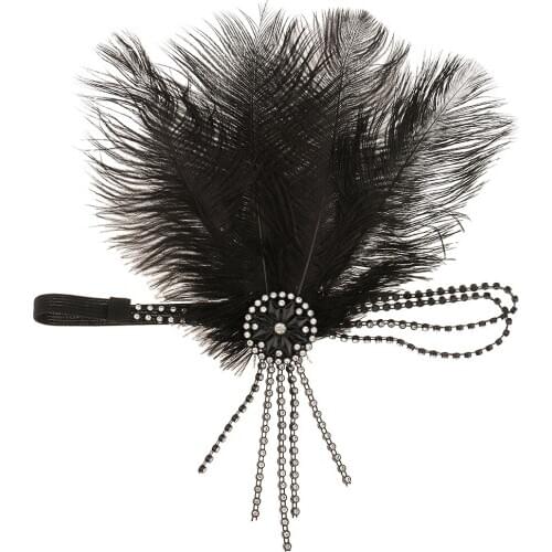 Vintage Black Feather Crystal Headband Charleston Headpiece Womens Flapper Fancy Dress
