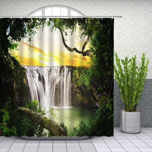 Waterfall Scenery Shower Curtains Outdoor Natural Scenery Green Leaf Plant Bathroom Decor Polyester Home Bath Cloth Curtain Set