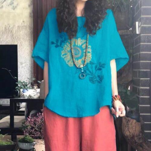 Plus size Blouse Women Casual Summer Cotton Blouse Ladies Tops Embroidery Loose Vintage 4XL Tunic Femme Short sleeve White
