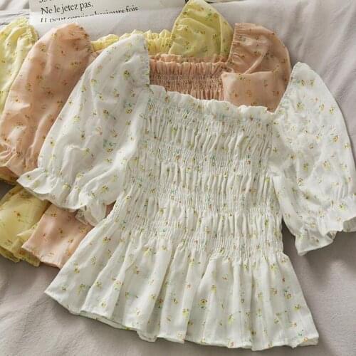 Women Blouses Floral Small fresh Square collar Short Sleeve Chiffon Shirt 2021 New Summer Folds Ruffles Female Sweet Tops