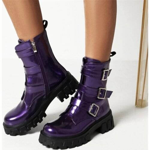 PXELENA Drop Ship Buckle Women Combat Motorcycle Biker Ankle Boots Platform Chunky Med Heels Shoes Lady Cool Street Punk Gothic