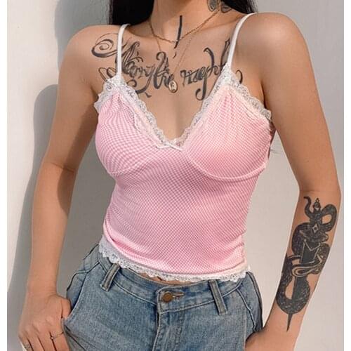 Plaid Y2k Top Women Sweet Camisole Lace Trim Spaghetti Strap V Neck Tank Tops Backless Fashion Vintage Short Party Tops 90s Y2k