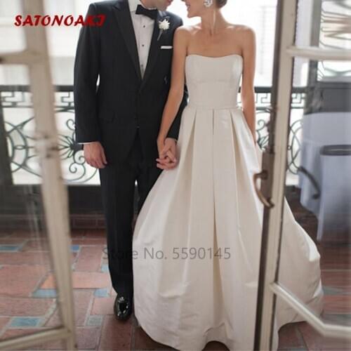 Elegant Satin 2020 Wedding Dress Strapless Button Back A-Line Bridal Gown Plus Size Cheap Vestido De Novia Mariage Online Shop