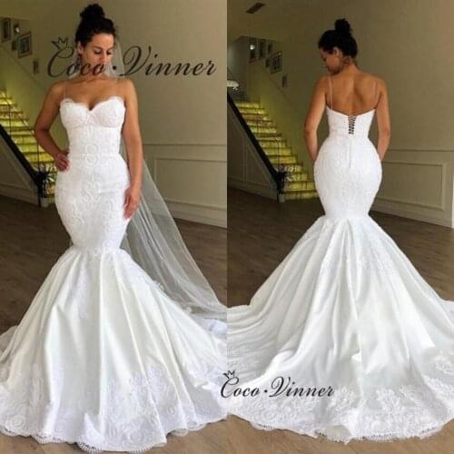 Sleeveless Sweetheart High Quality Europe Mermaid Wedding Dresses 2021 New Lace Appliques Beaded Satin Wedding Dress W0708