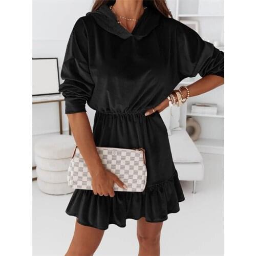 2021 Fall Pure Color Hooded Dress Women Comfortable Soft Fabric Decorative Hem Ruffled High Waist Mini Long Sleeve Dresses