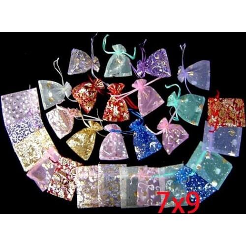 Hot Sale 100 Random Mixed Bronzing Drawable Organza Wedding Gift Bags&Pouches Jewelry Packaging 7x9cm(W00468 X 1)