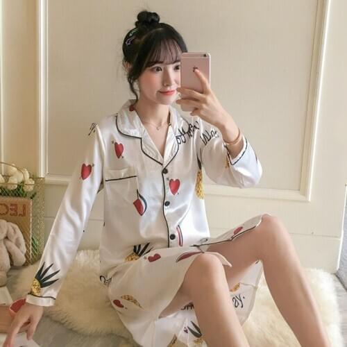 2020 Autumn Long Sleeve Silk Satin Nightgowns for Women Korean Print Sleepwear Home Dress Night Gown Nightwear Nightdress Nighty