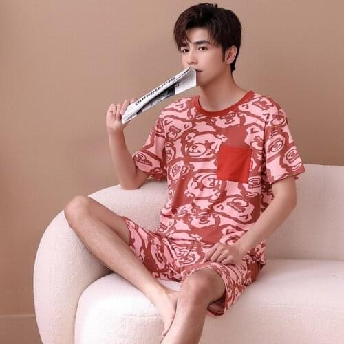 2021 Summer Cotton Print Short Sleeve Pajama Sets for Men Korean Shorts Sleepwear Suit Pyjamas Male Lounge Homewear Home Clothes