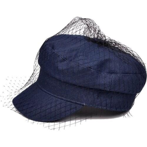 British Style Retro Denim Flat Beret Cap with Mesh Veil Women Girl Sun Protection Visor Button Painter Elegant Military Navy Hat