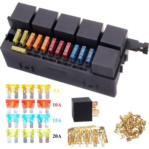 6Pcs 4Pin Plastic Cover 11 Ways Blade Fuse Block 12V 40A Fuse Box Holder For Car Marine Truck Trailer Boat with Spade Terminals