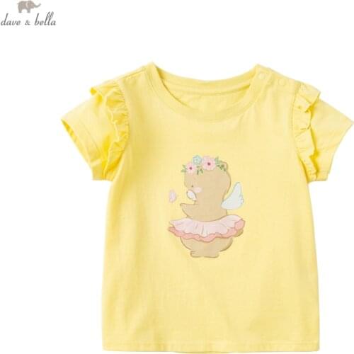 DBM17574 dave bella summer baby girls cute cartoon ruched T-shirt children tops girl kids fashion tees