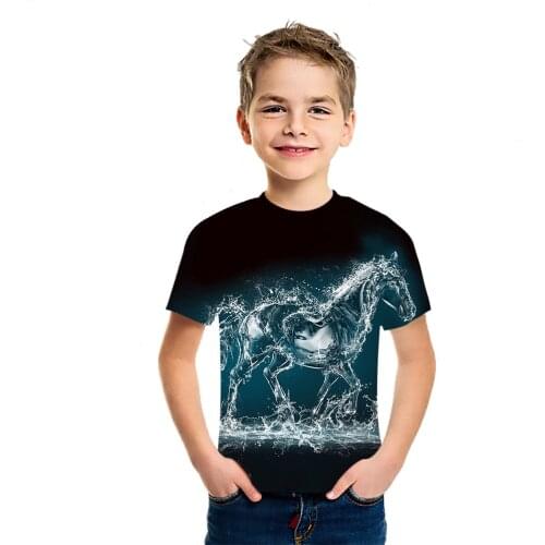 Neon Horse 3D Printing Childrens T-Shirt Trend Ins Half Sleeve Boys And Girls Fashion Personality Shirt Sleeve
