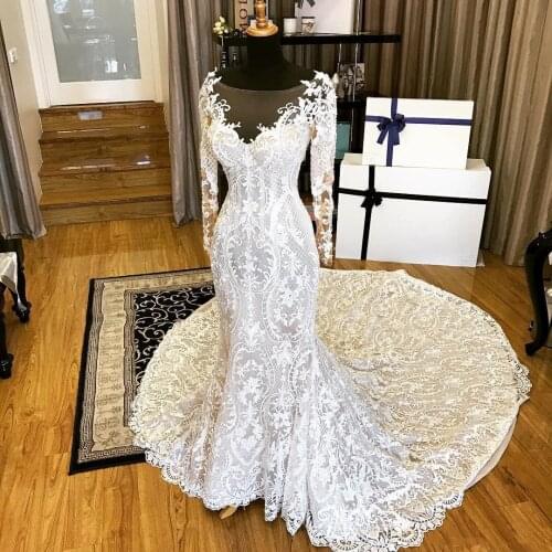 Long Sleeve Arabic Mermaid Wedding Dresses Full Lace Applique Court Train Bridal Gowns Sheer Neck Fishtail Wedding Dress