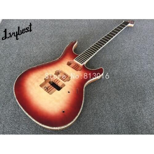 Electric guitar neck thru 7pcs.real abalone binding,red burst, thin yellow center,natural gutiar back,ash wood grain body side
