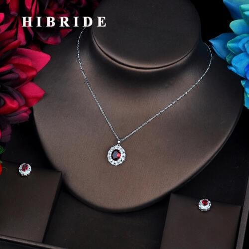 HIBRIDE Trendy Red Cubic Zirconia American Wedding Party Jewelry Long Link Chain Necklace and Earings Set Women Gifts N-550