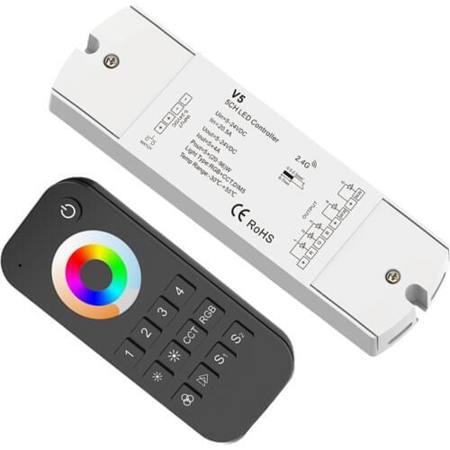 New Led RGBCCT Strip Controller 2.4G RF 4 Zones Remote Wireless 4A 5 Channel 20A Output RGB CCT Led Strip Controller V5+RT10