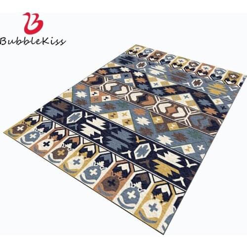 Bubble Kiss Ethnic Style Customized Carpet for Home Living Room Blue Brown Geometric Pattern Balcony Decoration Rug Bedside Mat