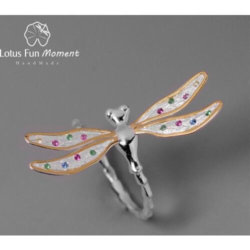 Lotus Fun Moment Real 925 Sterling Silver Handmade Fashion Jewelry Multicolor Zirconia Beautiful Dragonfly Design Rings Women