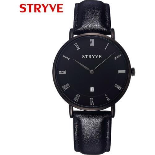 Minimalist Design Men Business Wrist Watches Black Leather Calendar Waterproof Stryve Quartz Men Fashion Watch Relojes Hombre