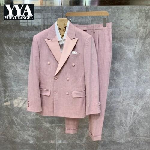British Style Fashion Double Breasted Slim Suit Jackets Pockets Split Notched Casual Pants Korean Style Mens Business set