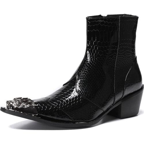 New Winter Casual Mens Classic Fashion Shoes Personality Metal Pointed Toe Cowhide Leather Black Crocodile Pattern Mens Boots