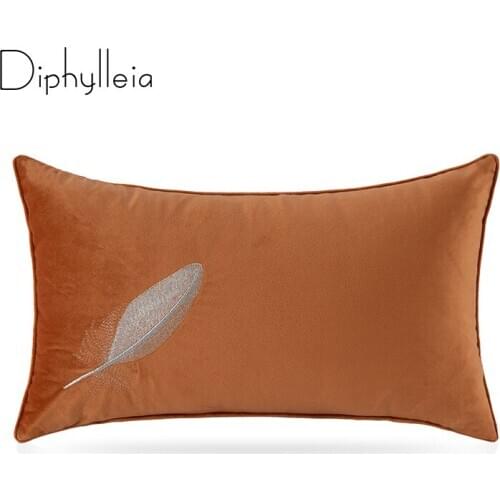Diphylleia Simple Modern Cushion Cover A Feather Embroidery Orange Color Lumbar Pillow Case For Hotel Coffee Shop Restaurant