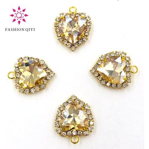 NEW 12mm Champagne heart shape gold base single loop Crystal button flatback Glass sew on rhinestones diy wedding Accessories