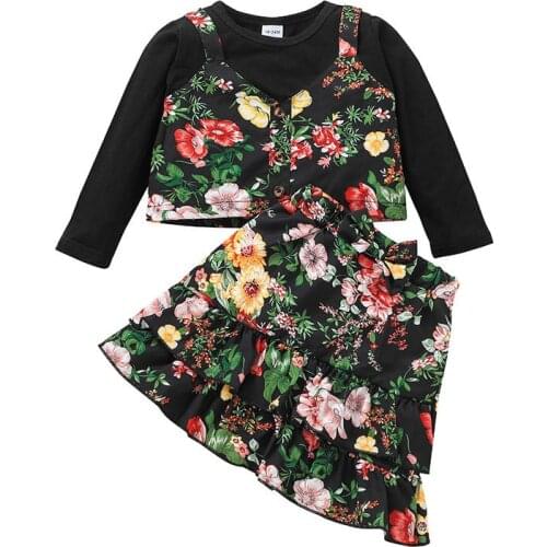 2021 New Baby Child Girls Clothes Set Long Sleeve Floral Vest Stitching Tops Flower Print Skirt Kids Autumn 2 Pieces Suit 18M-6Y