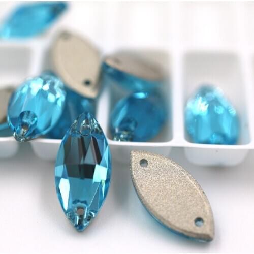 New arrival 7x15mm Leaf shape sew on rhinestones Sea Blue flatback glass rhinestones diy Wdding dress/clothing accessories